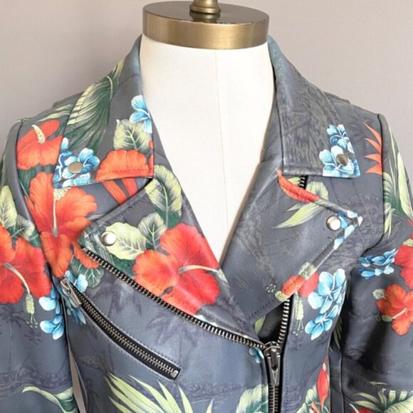 Veda Gray Tropical Print Leather Biker Jacket - Small - Picture 3 of 12